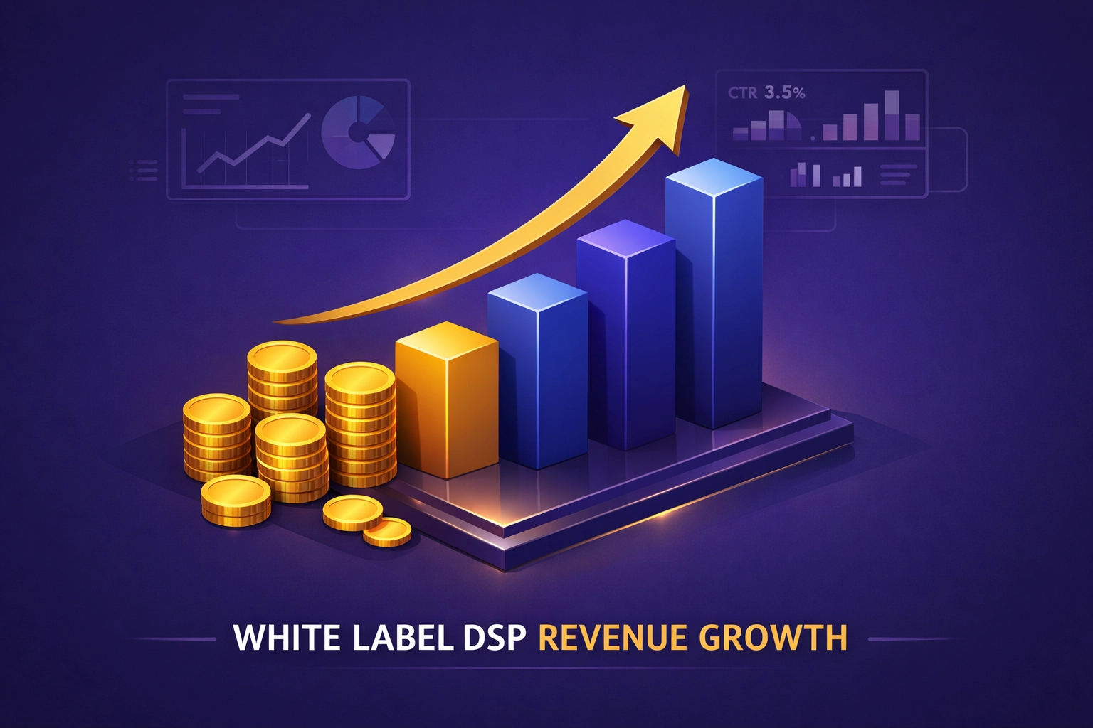 Isometric illustration of growing pillars and gold coins representing agency revenue and white label DSP dividends.
