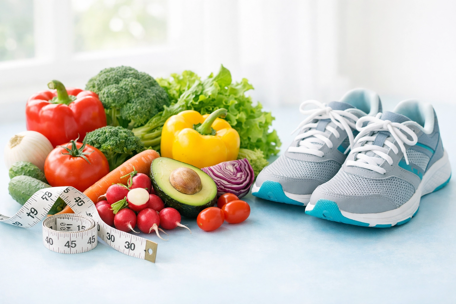 Fresh vegetables, measuring tape, and running shoes representing traditional diet and exercise for weight loss