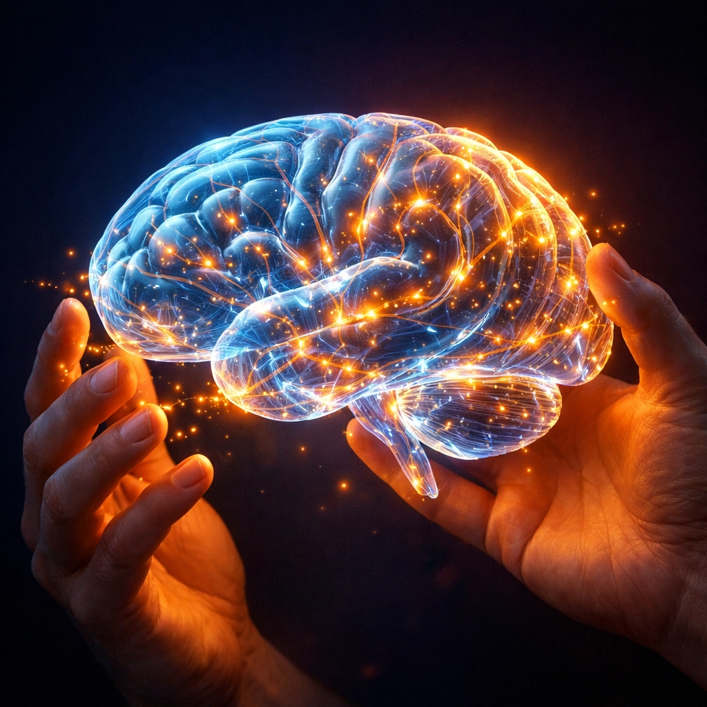 Human hands guiding a glowing digital brain representing the partnership between human strategy and PPC AI.