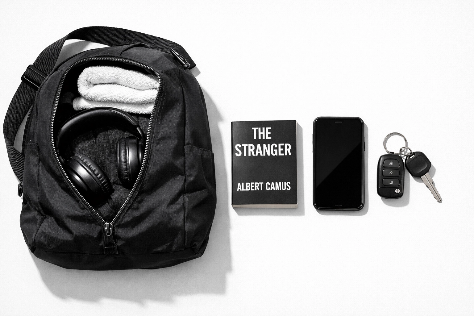 Organized parent reading kit with novella, phone, and keys in gym bag for on-the-go reading