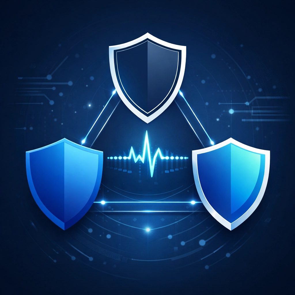 Three interconnected security shields representing the 3-2-1 backup strategy for total data redundancy