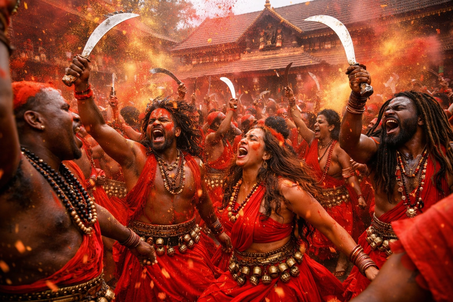 Velichappadu oracles in red robes performing a ritual dance during the Kodungallur Bharani festival.
