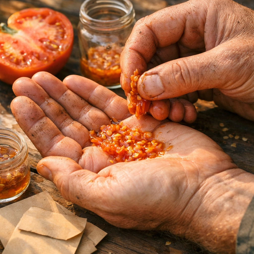 Gardener's hands saving seeds from fresh heirloom tomato for next season