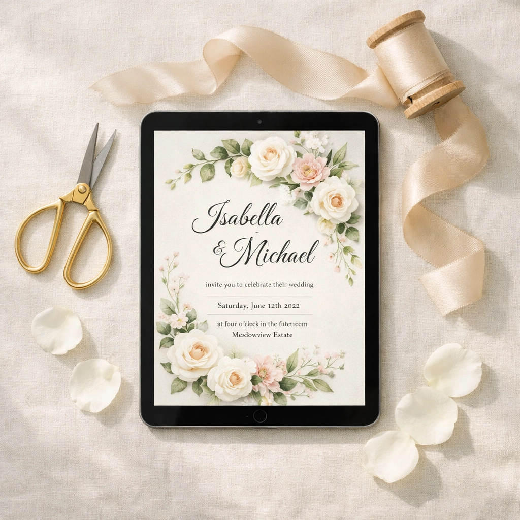 Elegant digital wedding invitation on a tablet surrounded by white petals and silk ribbons.