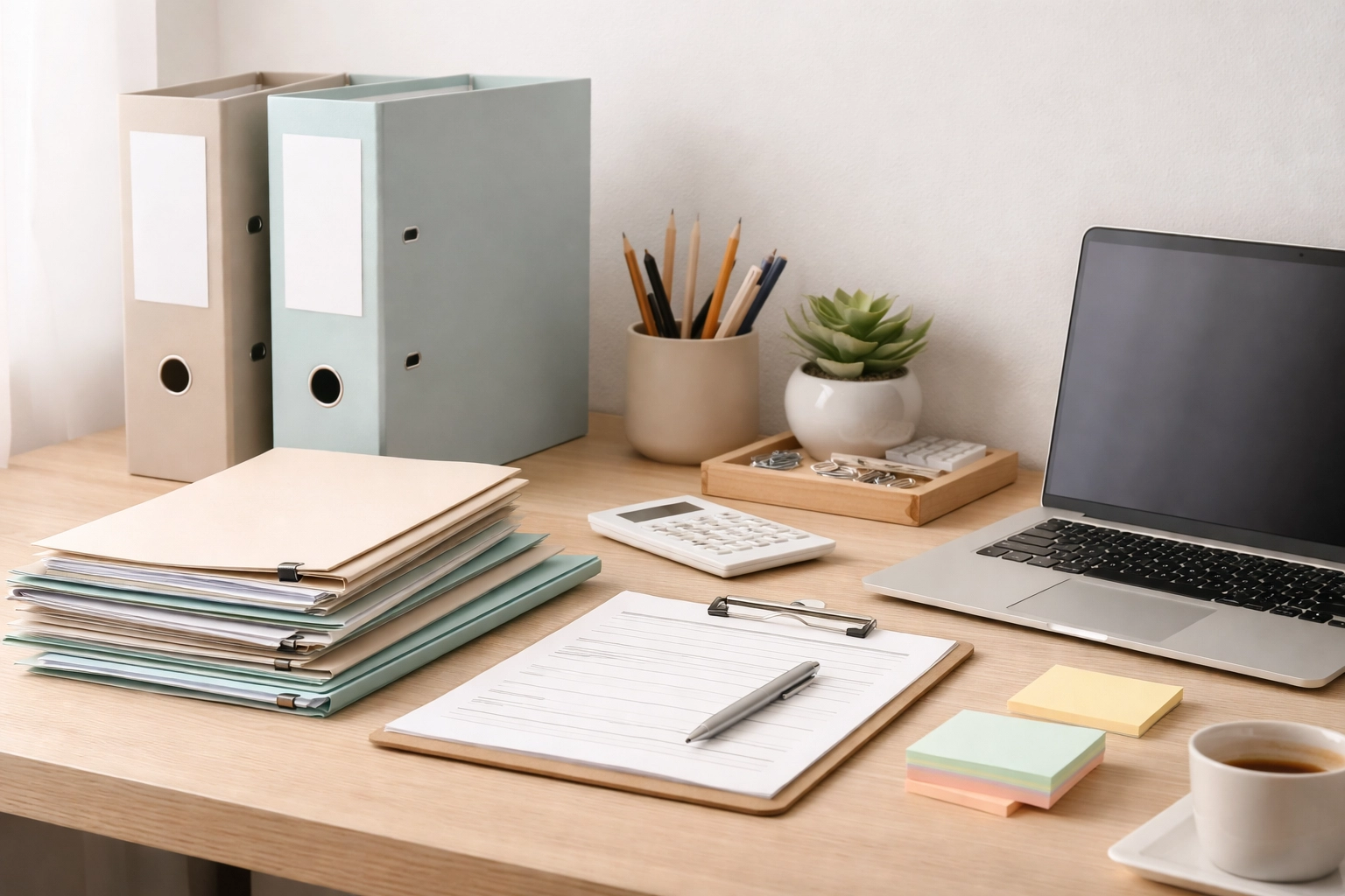 Organized binders and files on desk representing S Corp payroll compliance and documentation process