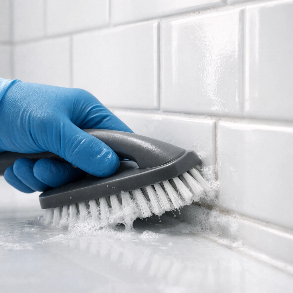 Professional cleaner scrubbing bathroom grout during apartment make-ready