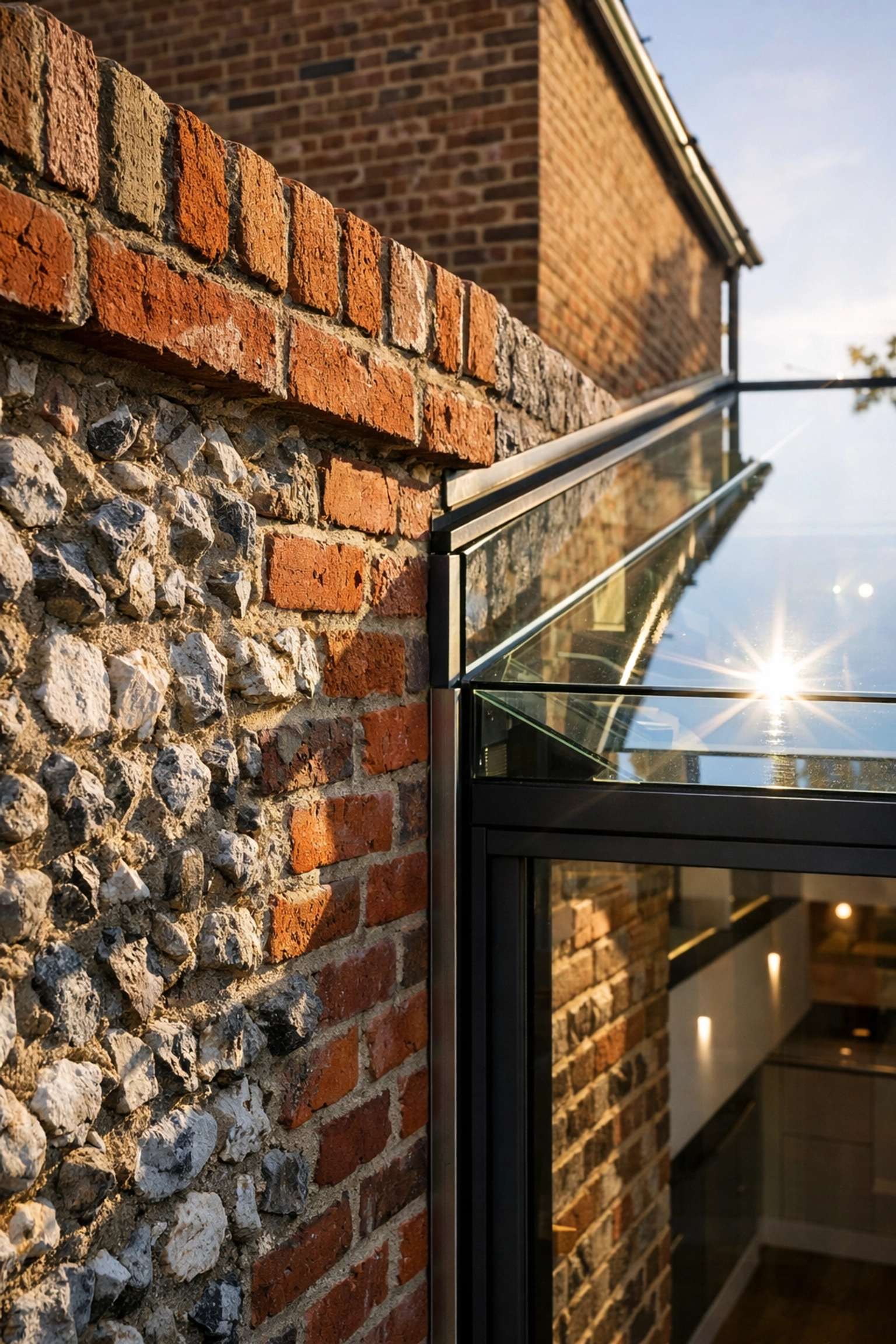 Modern glass extension roof meeting a traditional Sussex flint boundary wall on a property in West Sussex.