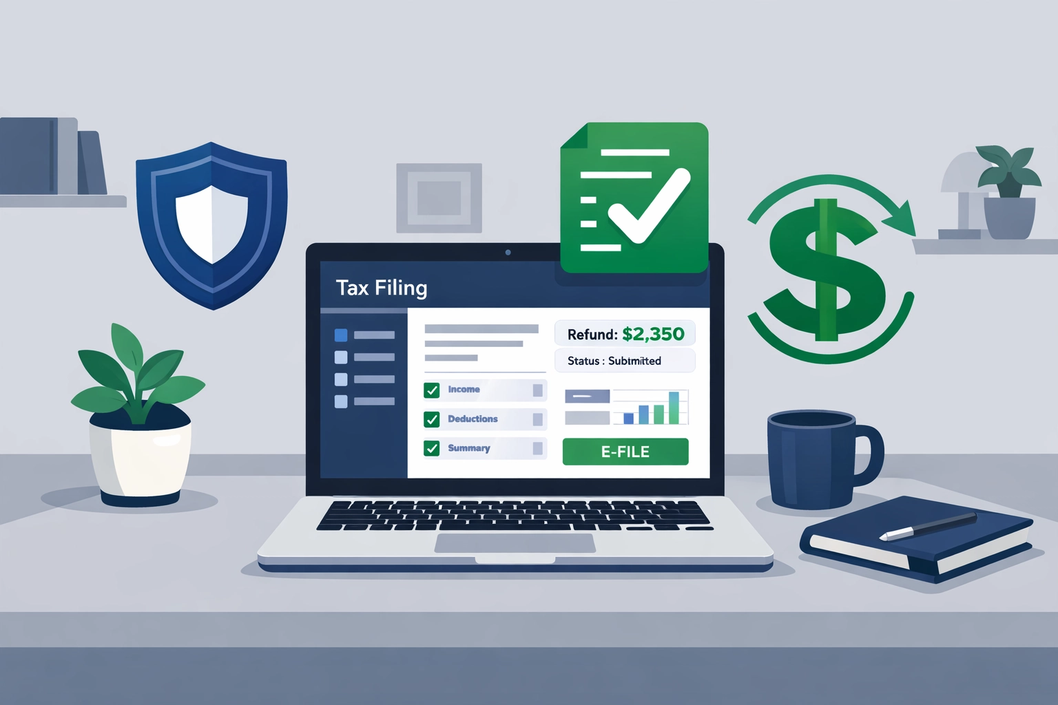 Digital tax software interface on a laptop showing icons for security, accuracy, and tax refunds.