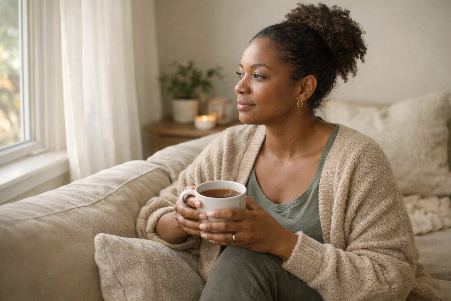 A Black mother taking a quiet moment with tea by the window, embracing self-care and reflection