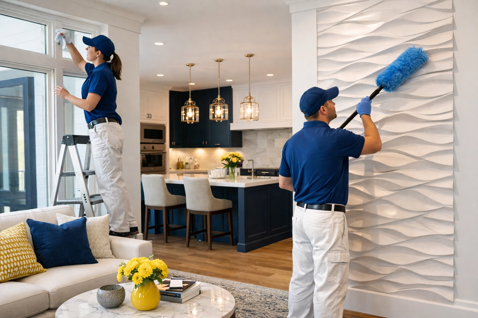 Professional post-construction cleaning MA team performing a systematic three-phase clean in a luxury home.