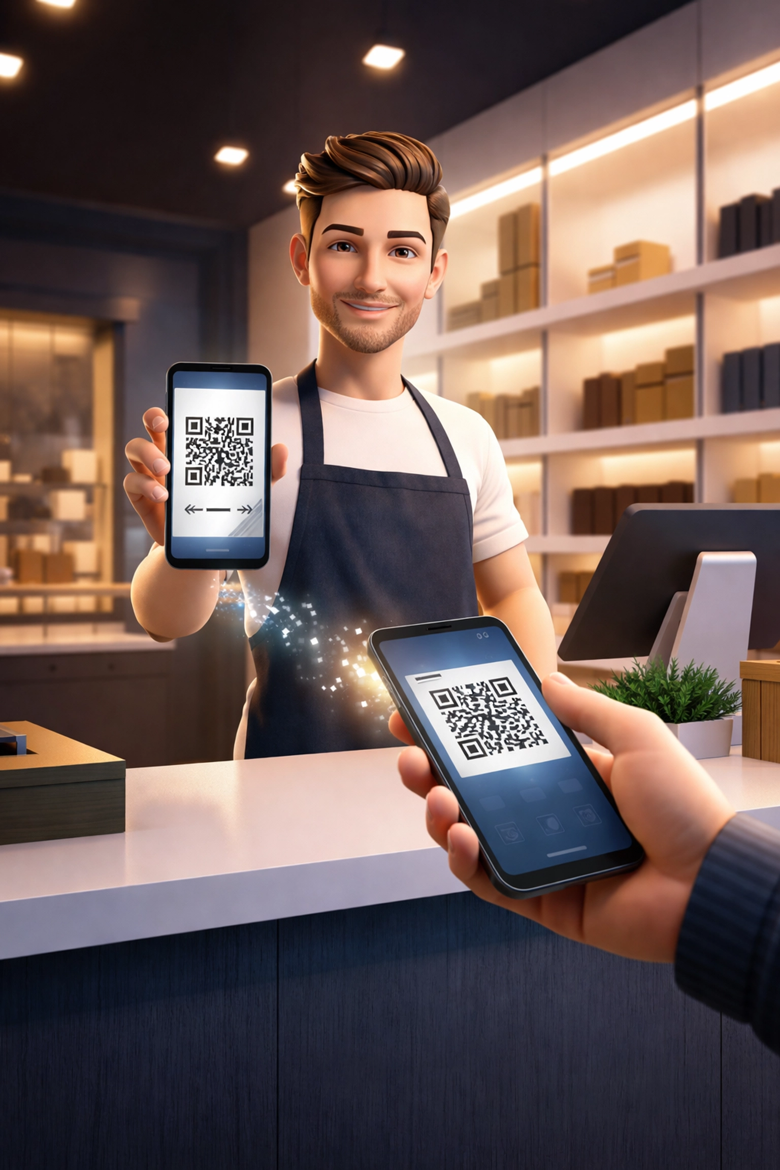 Small business owner using QR code to accept crypto payments through contactless POS system