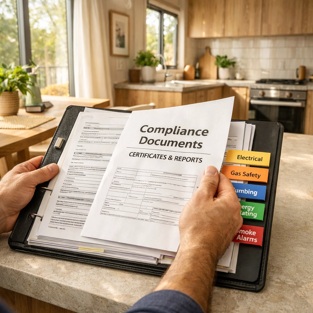 Homeowner with comprehensive compliance documentation folder in new modular home