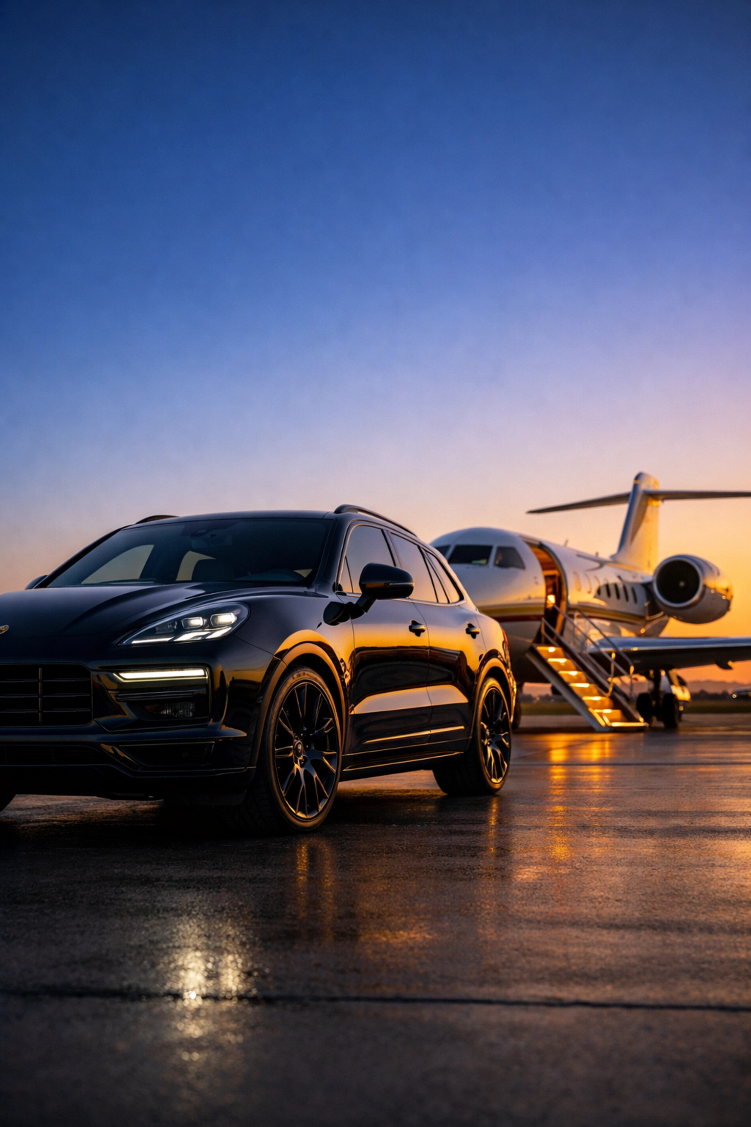 Secure executive travel logistics featuring a luxury SUV and private jet for corporate Super Bowl transport.