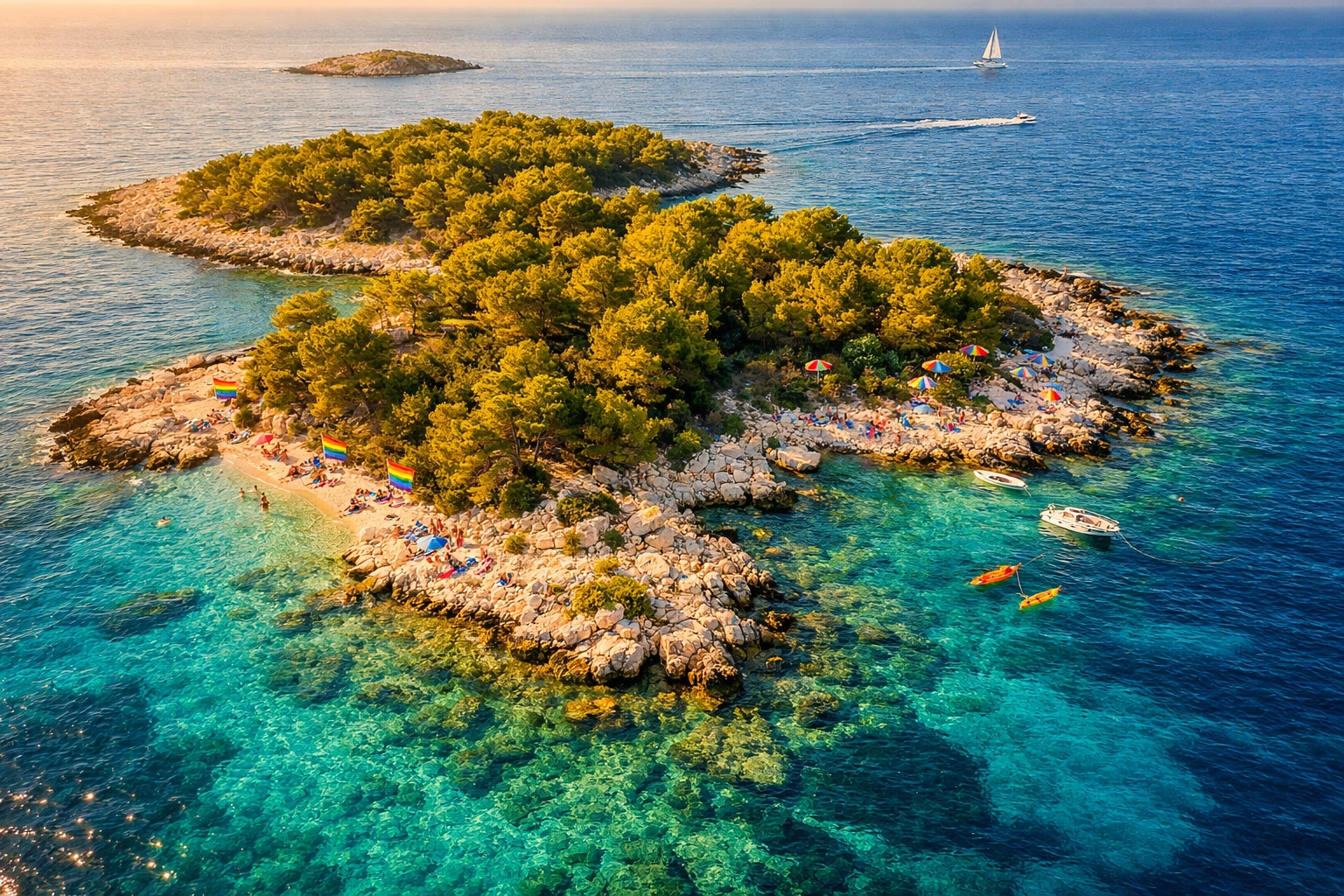 Aerial view of Jerolim Island naturist beach with turquoise Adriatic waters and pine trees