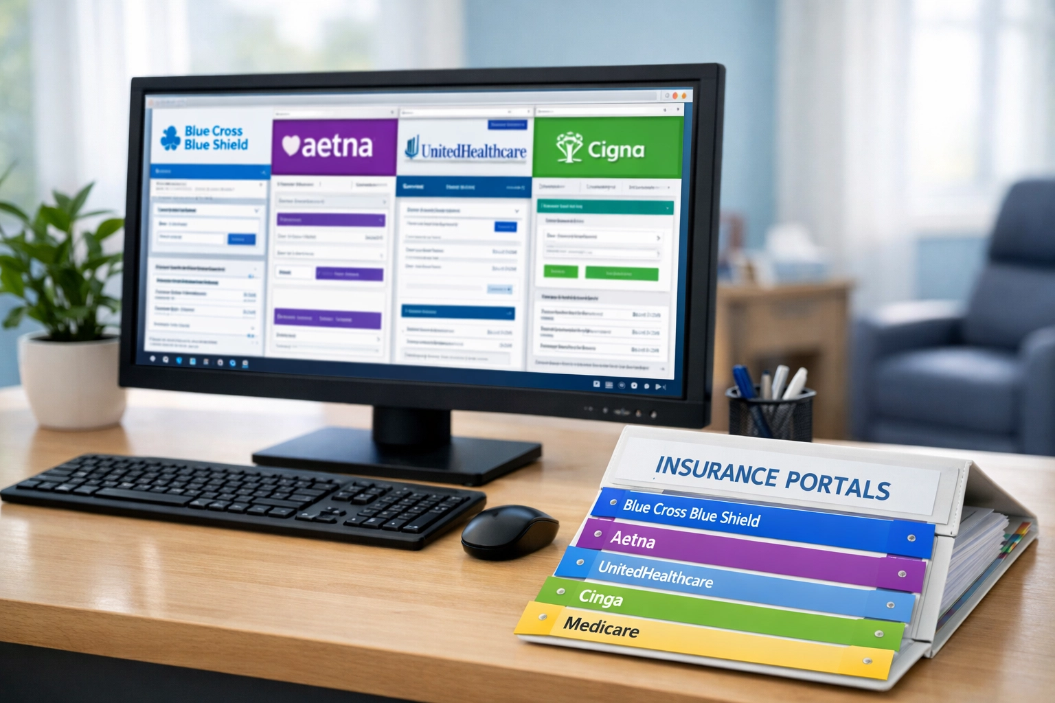 Struggling With 2026 Payer Changes? 10 Things Every Therapy Practice Should Know About FHIR, ePA, and Faster Denials Therapy clinic front desk managing multiple payer portals and insurance authorization requirements