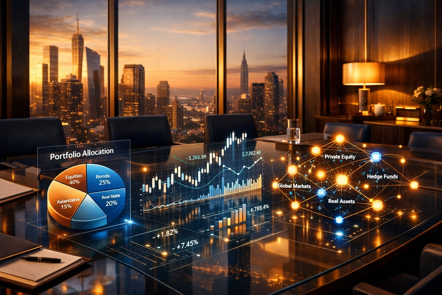 Family office investment strategy planning with portfolio allocation charts