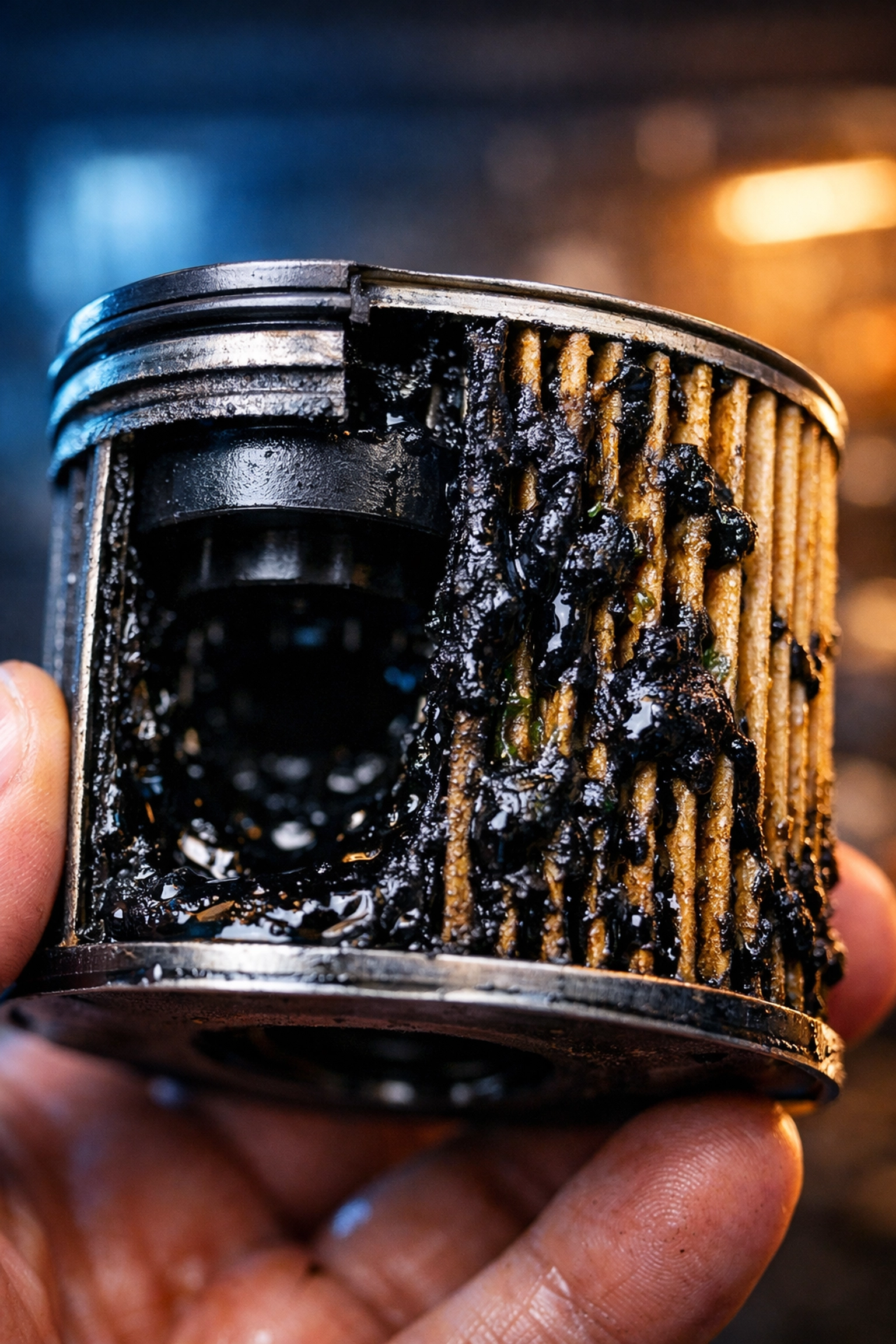 Clogged diesel fuel filter showing black contamination from microbial growth in tractor fuel system