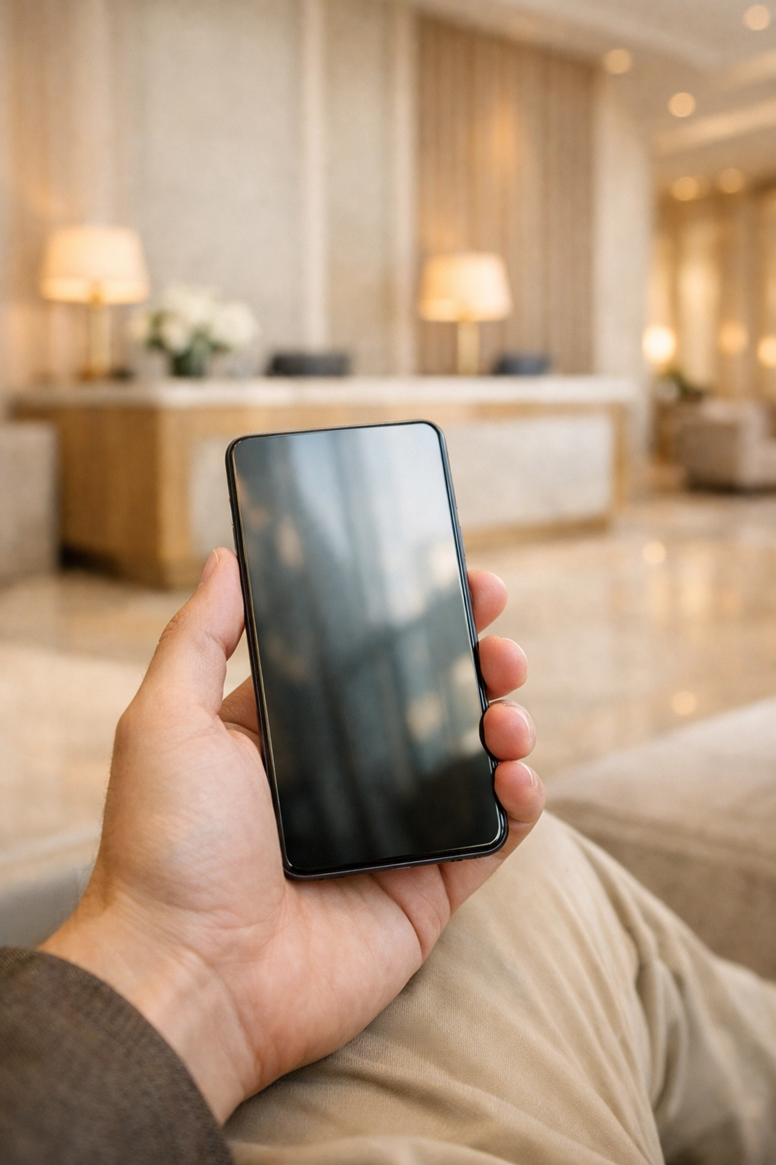 Guest using a smartphone to book a hotel stay in a luxury lobby.