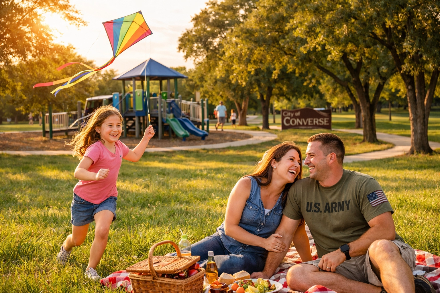 A military family enjoying a picnic at a community park in Converse TX near local schools.