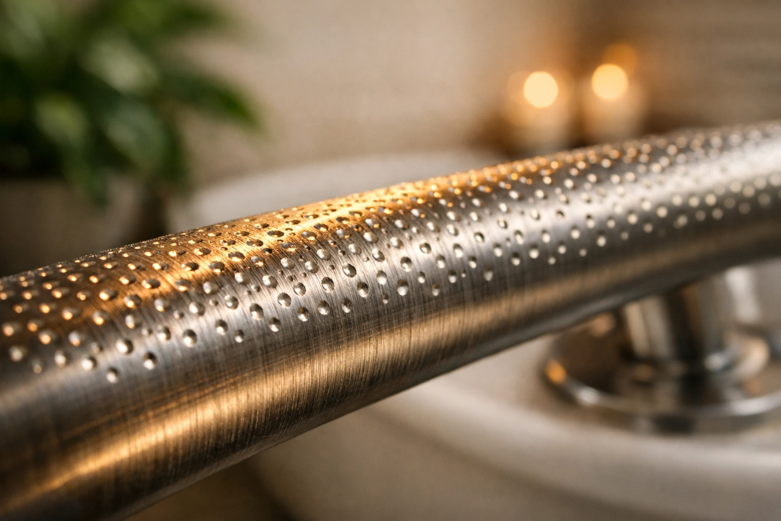 Textured peened finish on a metal safety rail for a slip-resistant grip in the bathroom.