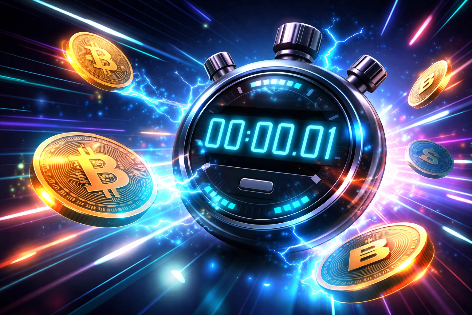 Digital stopwatch with cryptocurrency coins and lightning effects symbolizing instant crypto payments for small business POS systems