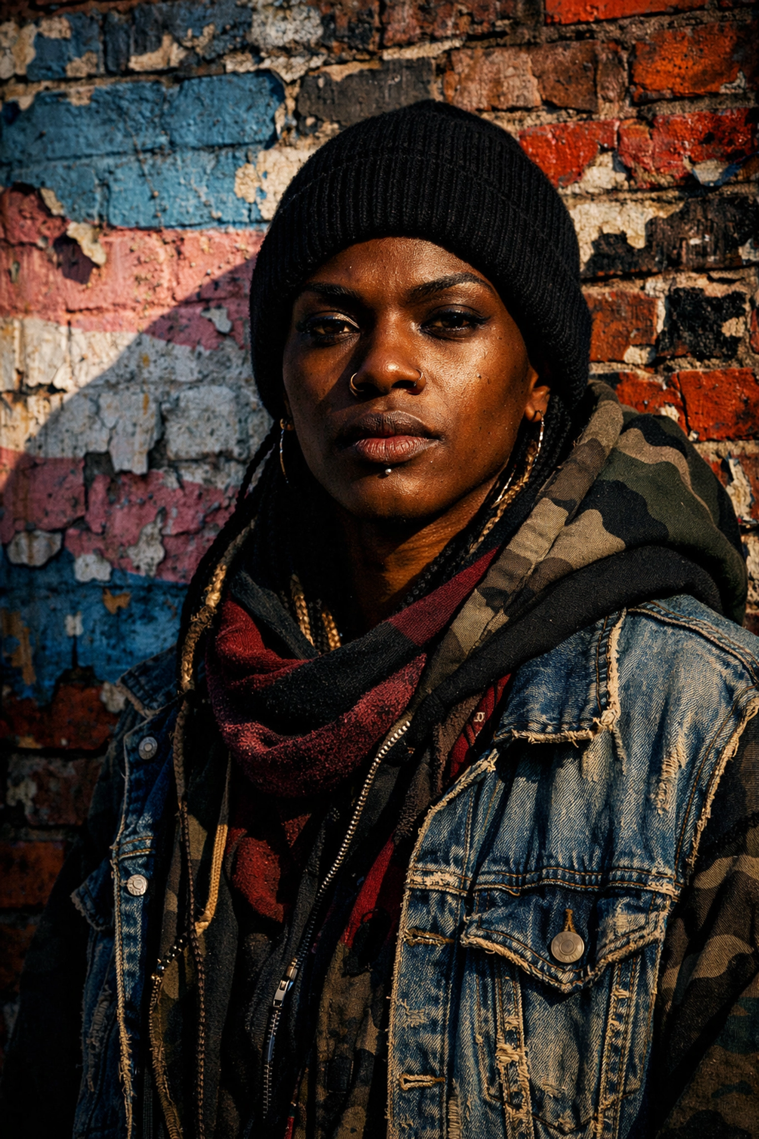 A Black trans person standing with dignity in front of an urban mural, representing intersectional LGBTQ+ homelessness.