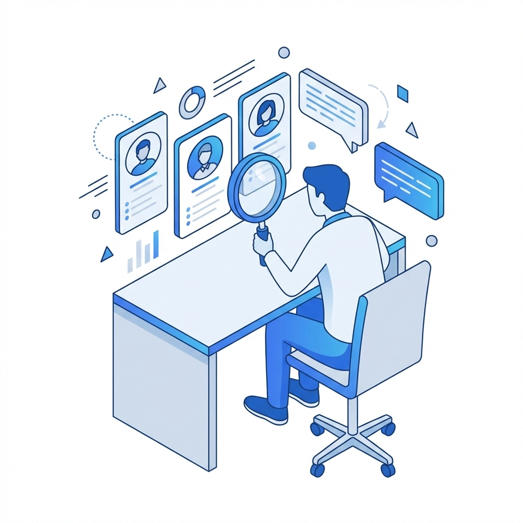 Person researching website audience insights with magnifying glass, illustrating customer-focused website copywriting