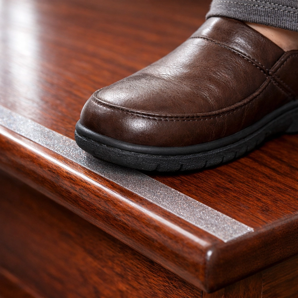 Close-up of a wooden stair tread with a transparent anti-slip adhesive strip to prevent slips and falls.