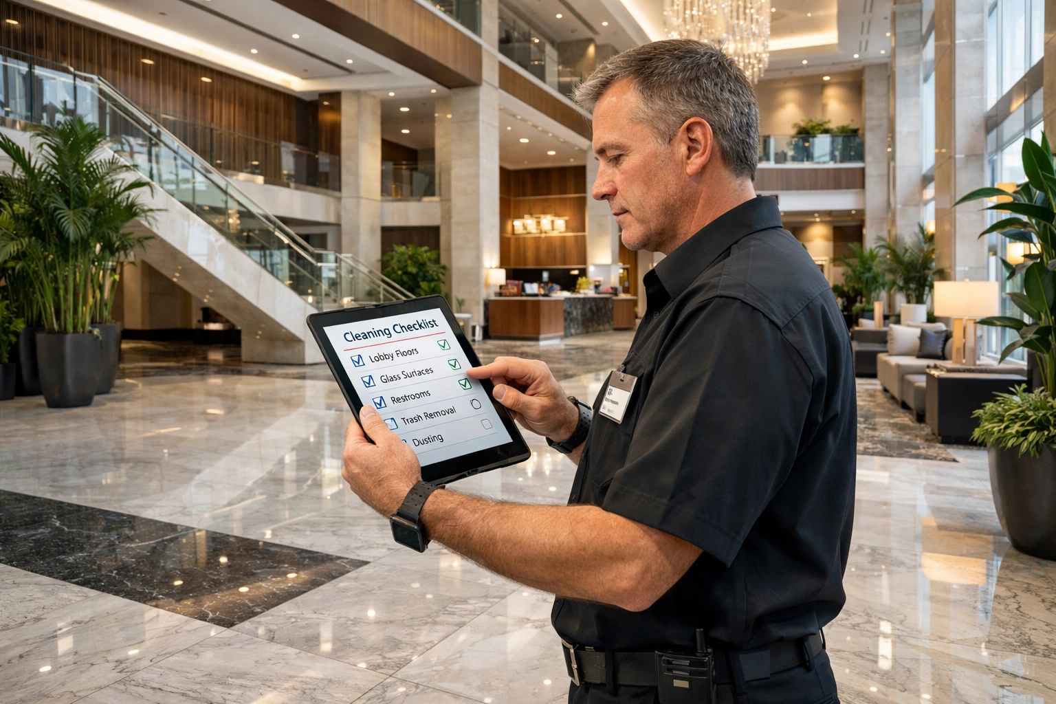 Cleaning supervisor using a digital checklist to inspect a luxury corporate lobby in Orlando.