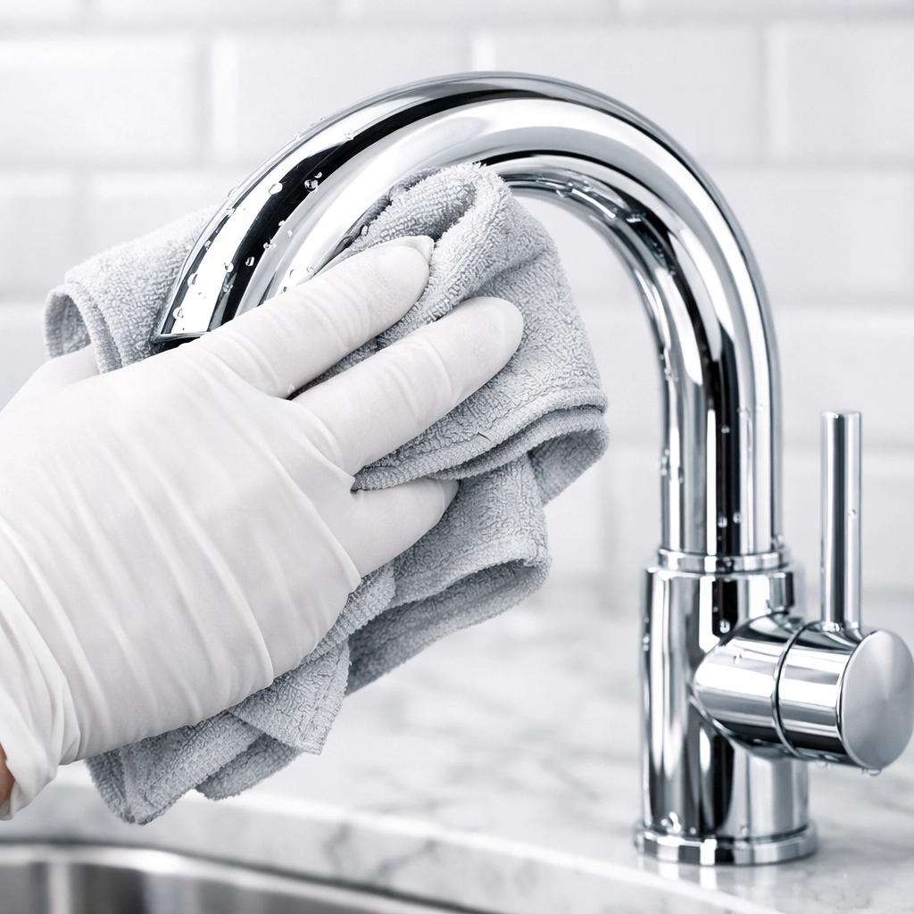 Close-up of a professional cleaner polishing a faucet to ensure high-quality apartment turnover standards.