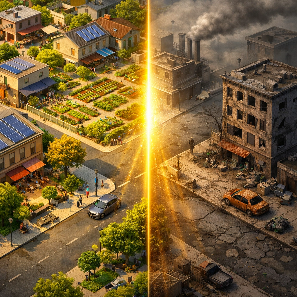 Contrast between a thriving green community and decaying streets, showing the economic impact of peace.