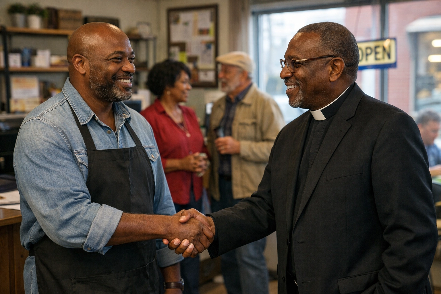 Black business owner and church pastor partnership handshake supporting faith-based economic programs