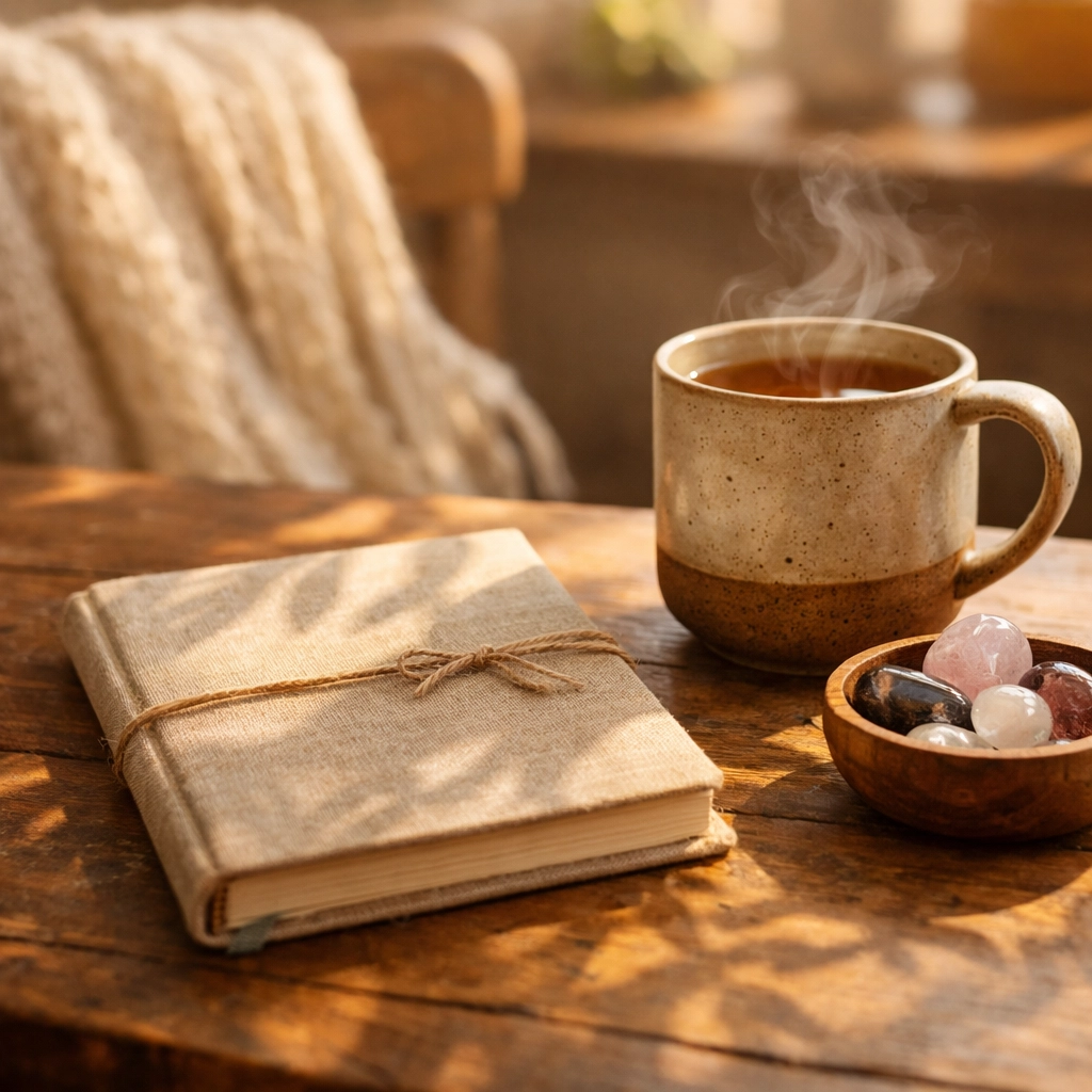 A sunlit journaling nook with tea and crystals, illustrating practical steps for healing and self-reflection.