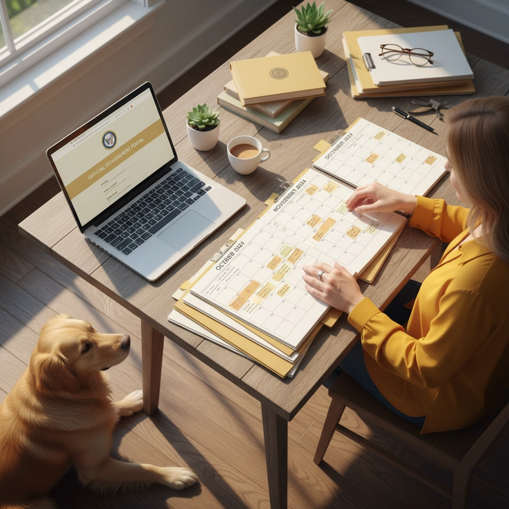A picture of a woman sitting in her home office looking at her calendar while her dog, who is laying down at her feet looks up at her. Moving Abroad with Pets
