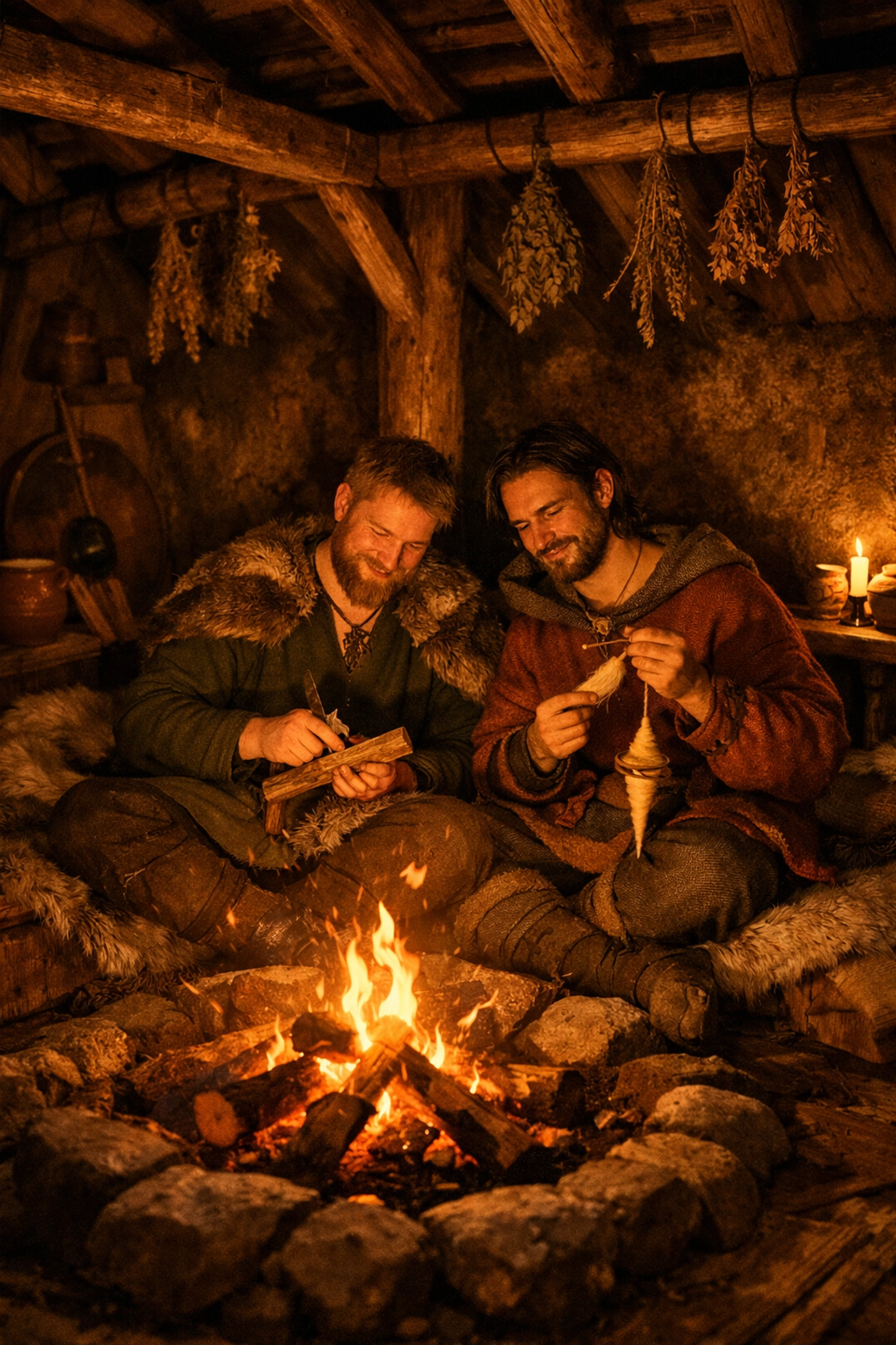 Two Viking men share peaceful evening by firelight in their Greenland longhouse home