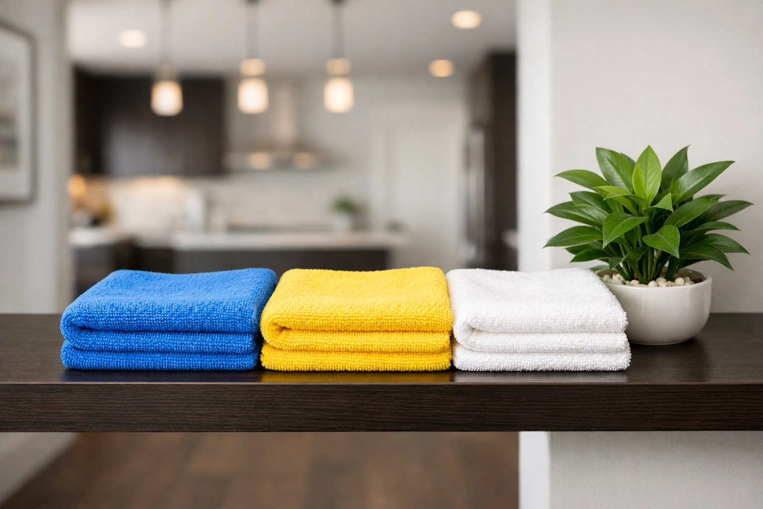 Color-coded microfiber cloths on a shelf for organized and safe deep cleaning in Franklin homes.