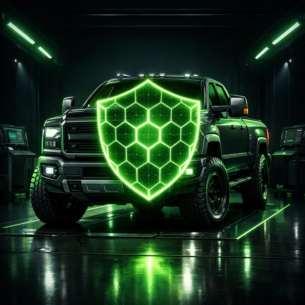 Professional used truck verification using Quality Shield standards in a diagnostic bay.