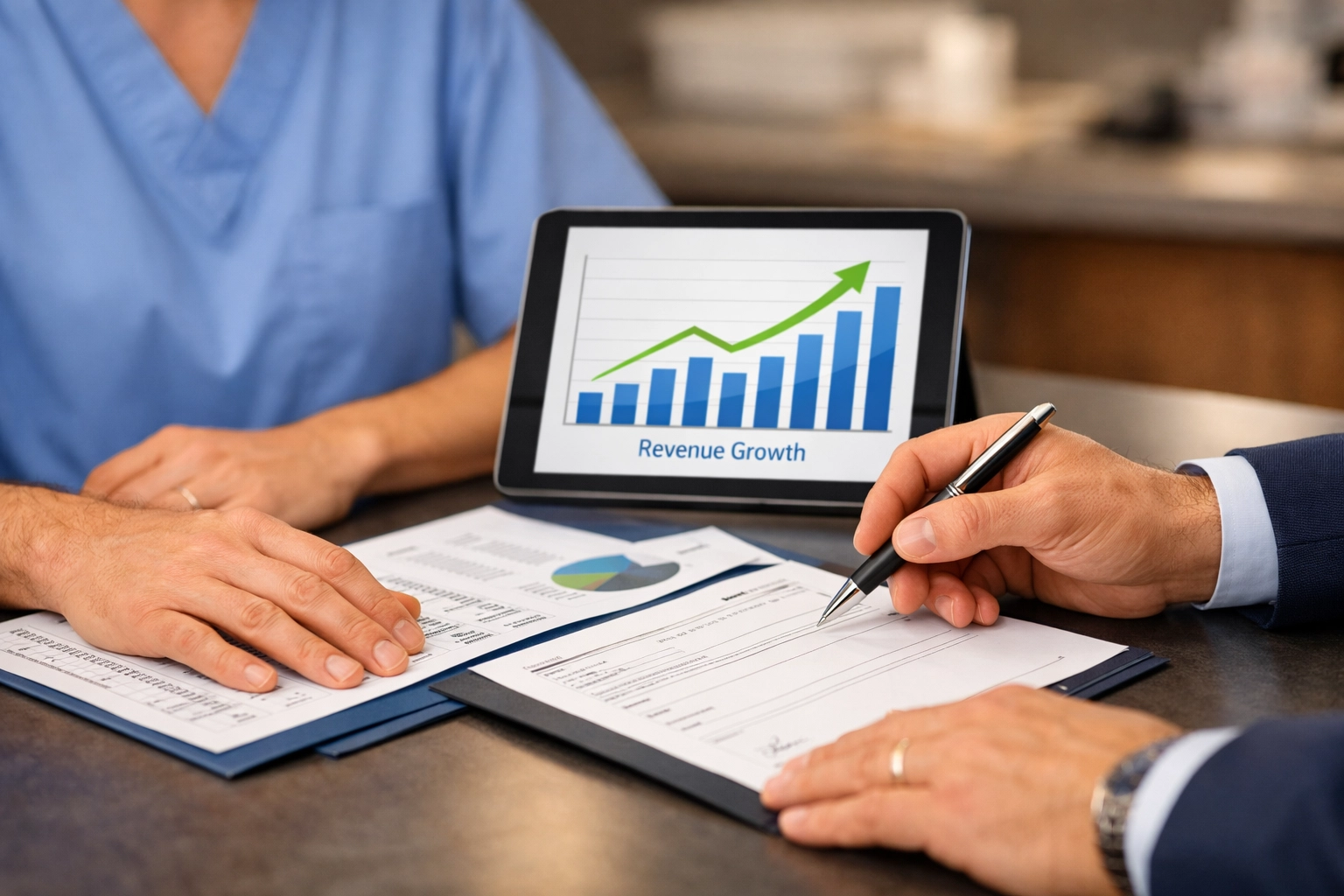 Healthcare provider and billing consultant reviewing revenue improvement reports together