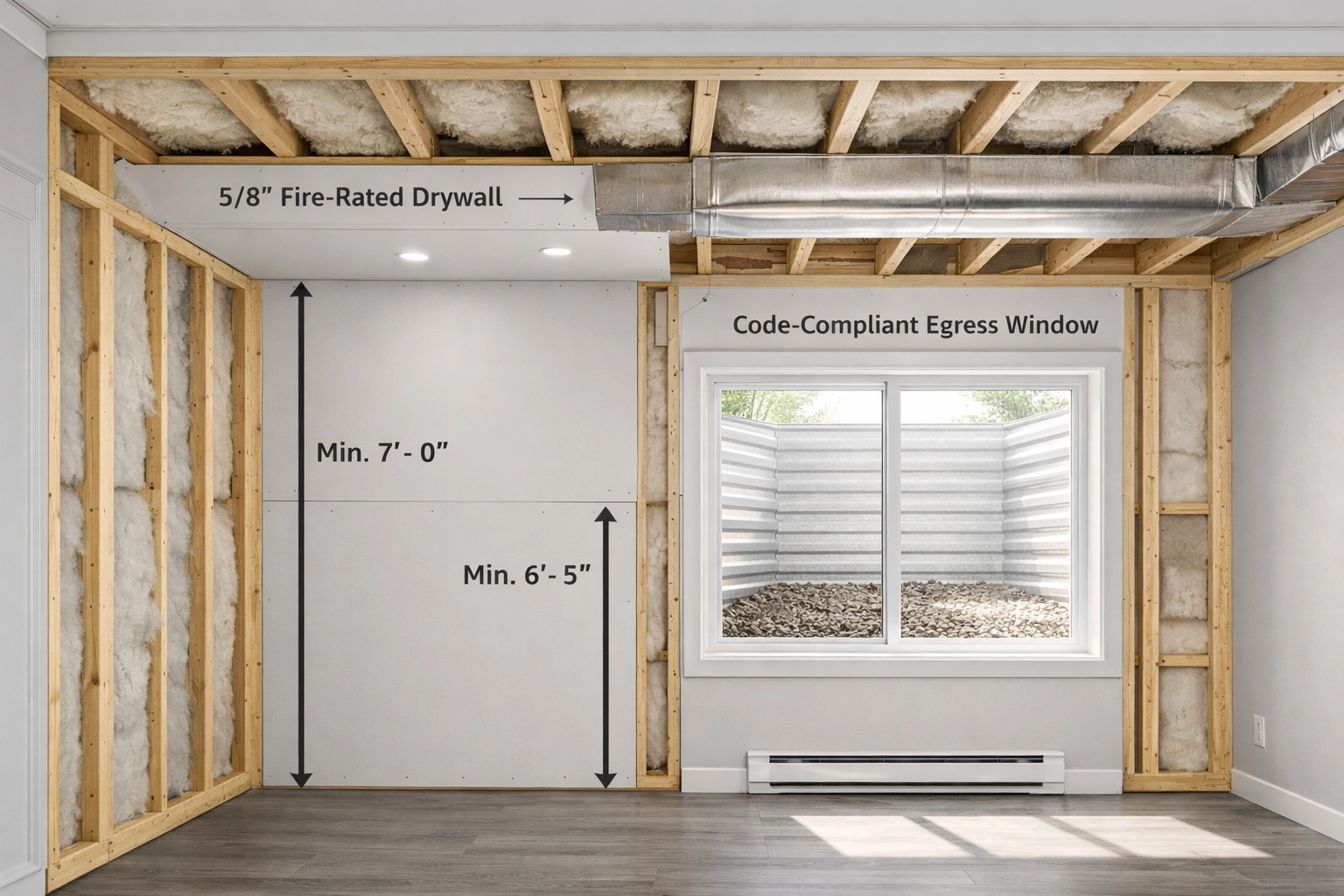 BC Building Code compliant basement construction with fire-rated drywall and egress window