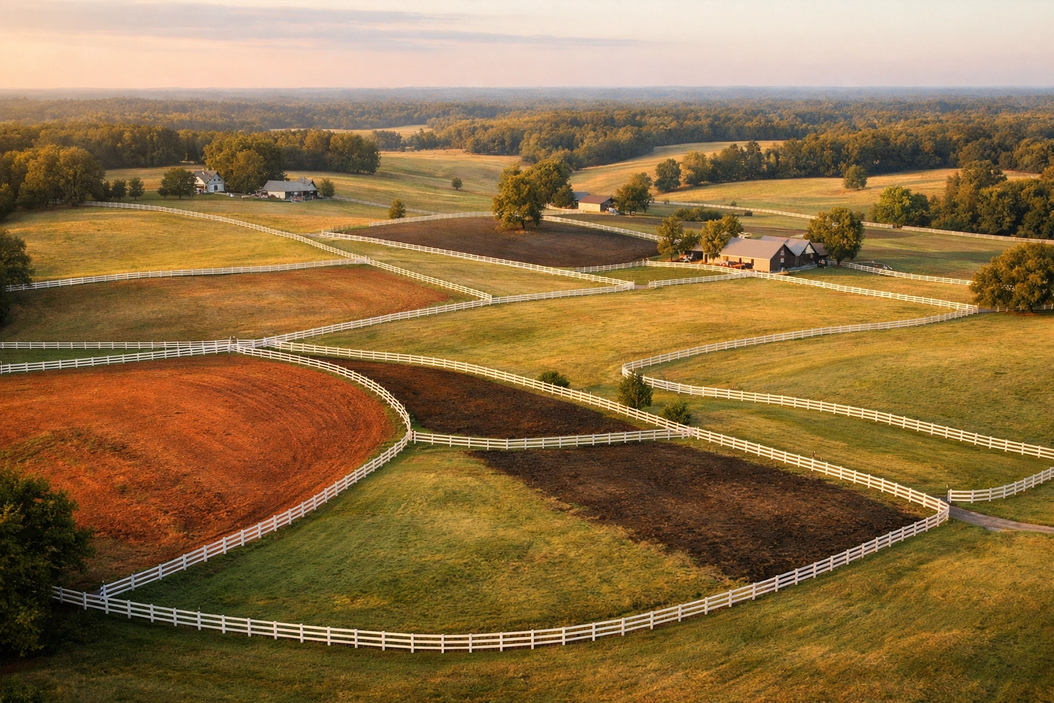 Aerial view of Waxhaw horse farm pastures showing soil variations and fenced paddocks