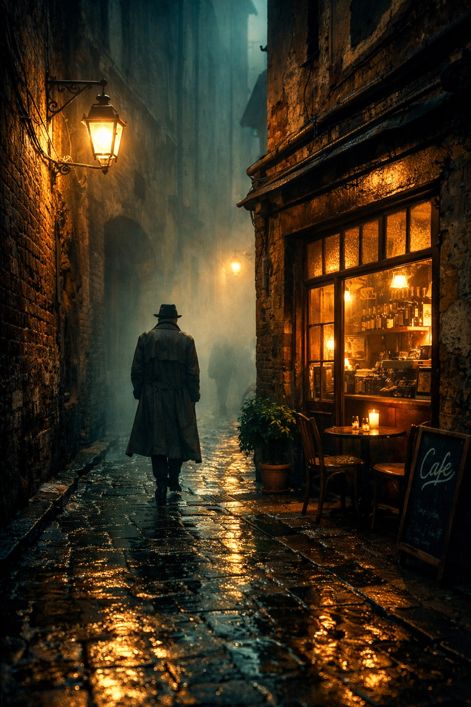 Atmospheric silhouette in a misty European alley, finding hidden gem locations for creative street photography ideas.