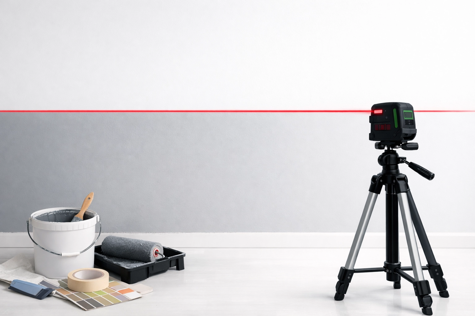 Professional laser level marking a straight horizontal line on a grey and white two-tone wall.