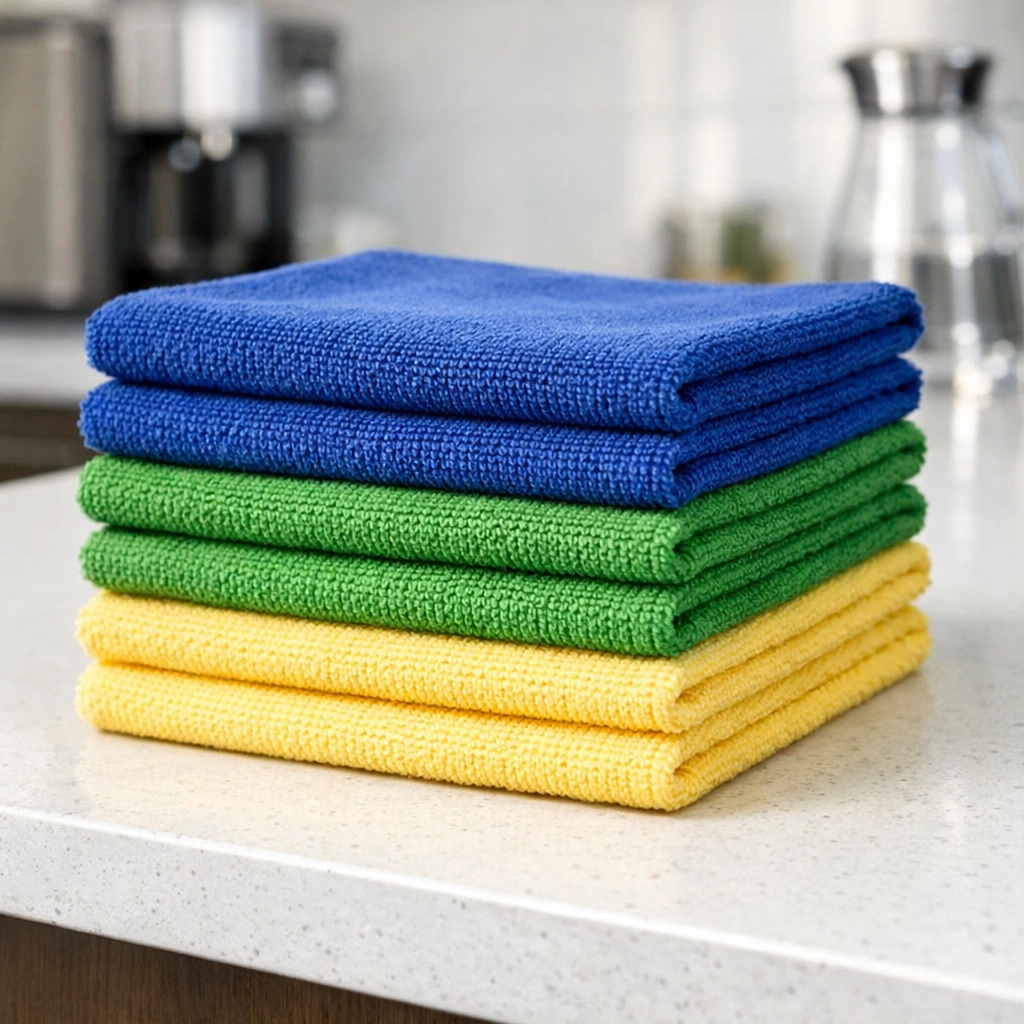 A stack of color-coded microfiber cleaning cloths on a clean office breakroom countertop for sanitation.