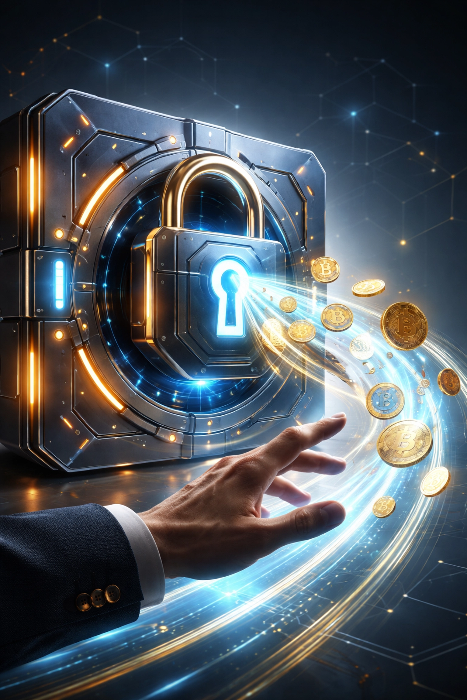 Merchant unlocking secure self-custody crypto vault, symbolizing financial sovereignty with Web3 global payments.
