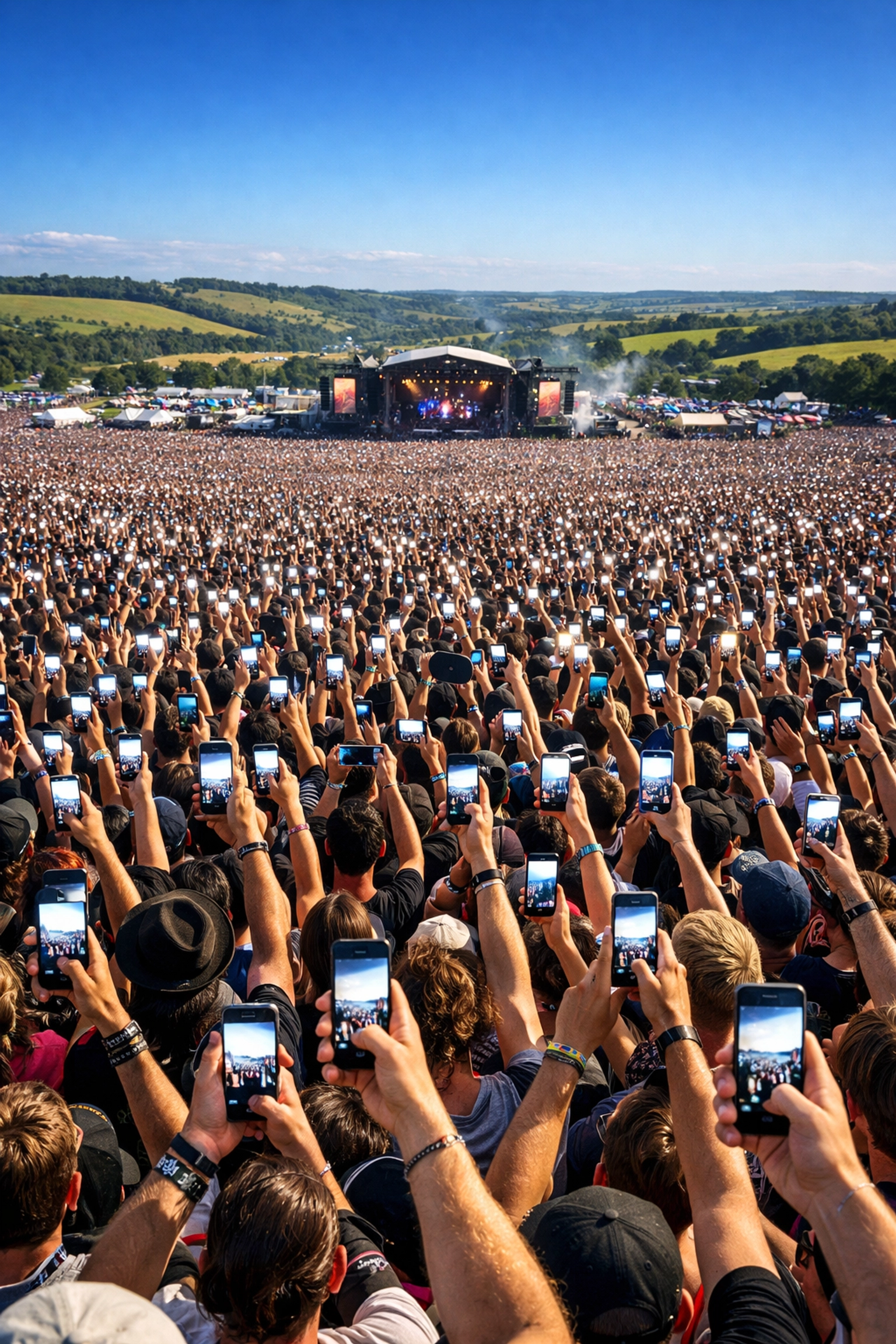 Festival crowd holding phones at outdoor event in rural field highlighting mobile connectivity challenges