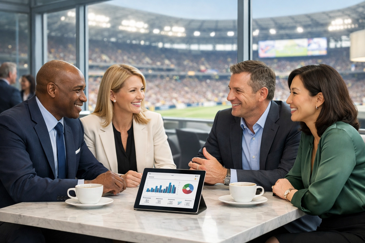 Corporate leaders networking in a luxury VIP hospitality suite with a view of a football stadium.