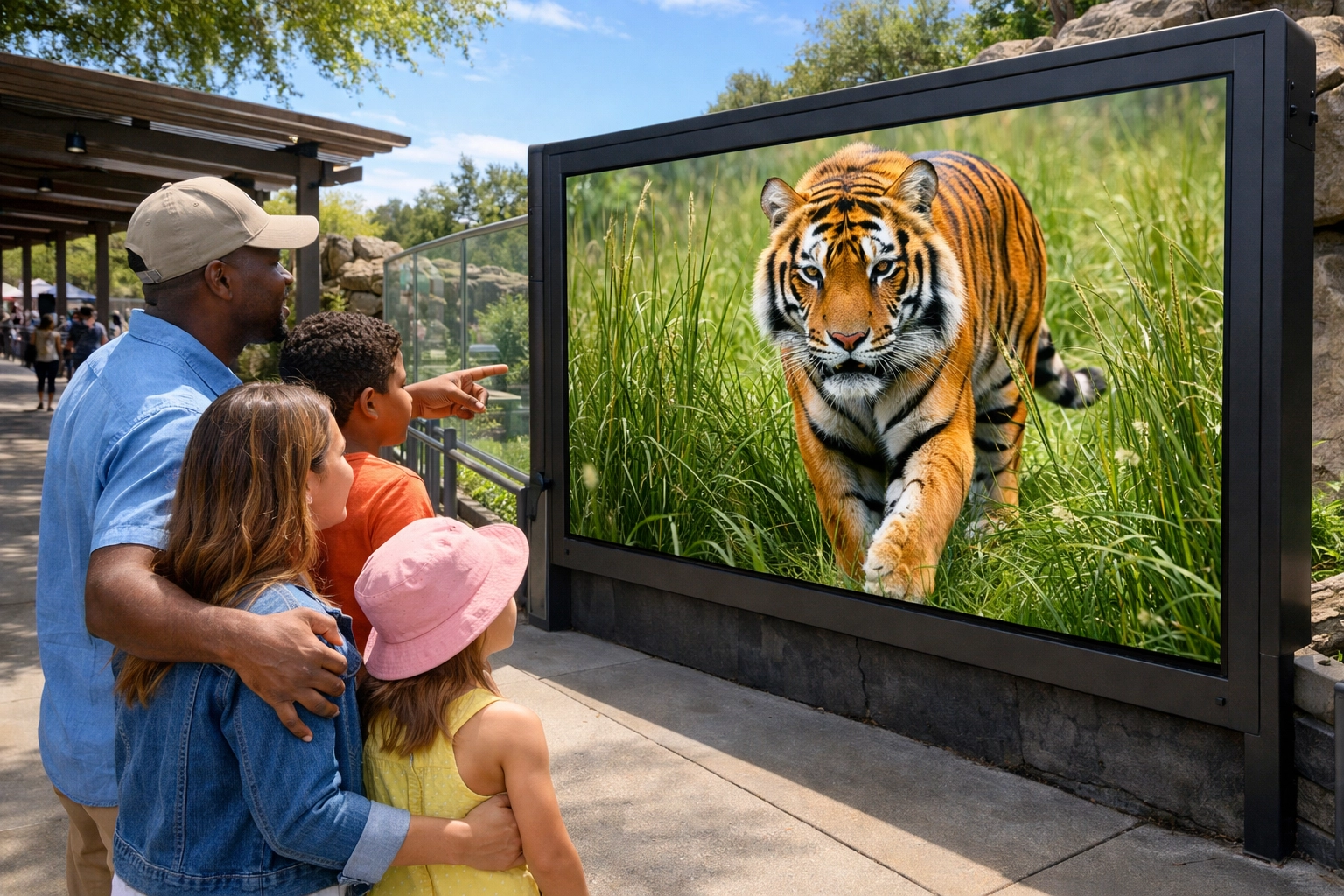 Family viewing a digital signage board at a zoo exhibit to improve visitor engagement.