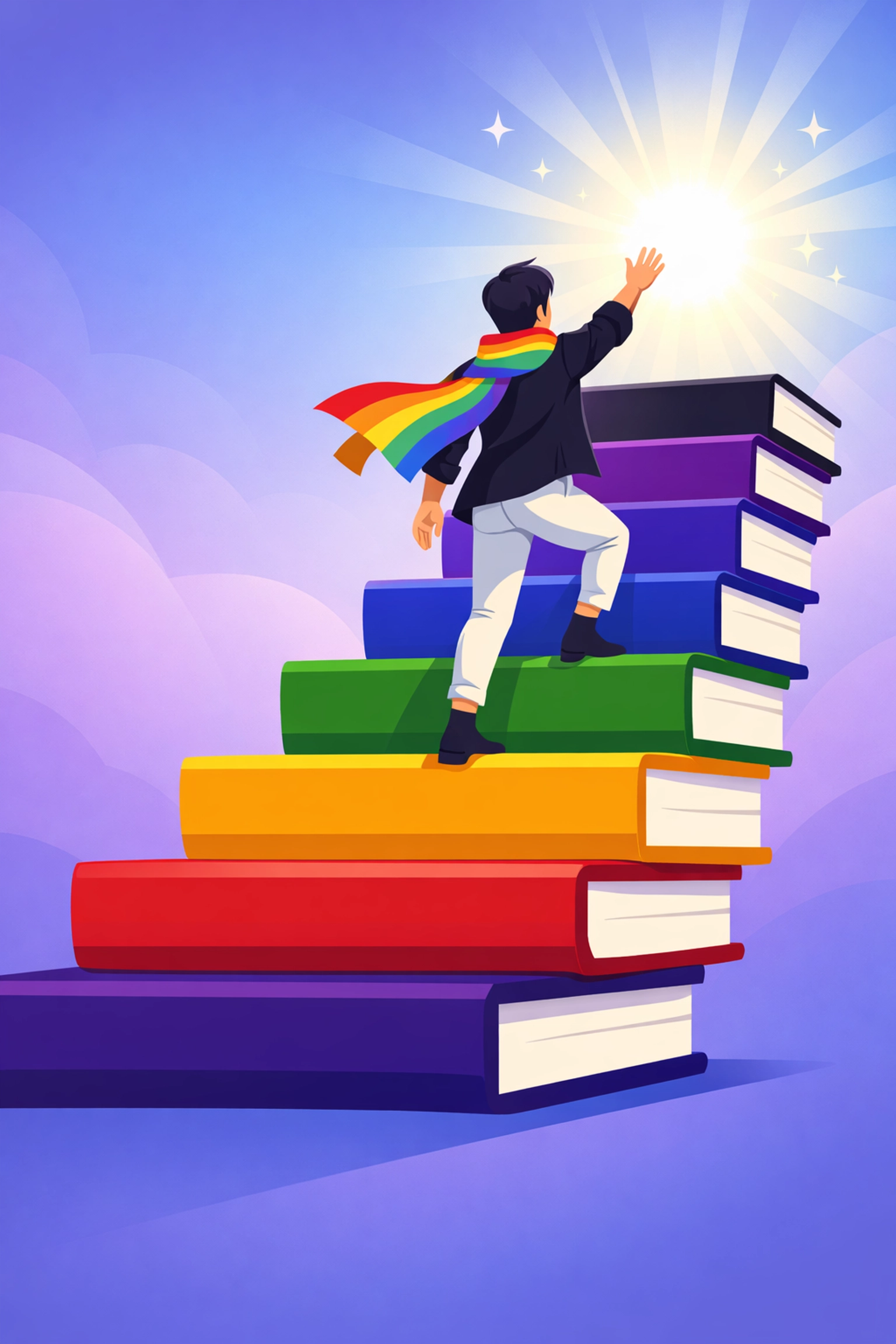 A queer creator climbing a staircase of books, representing the journey to become a published LGBTQ+ author.