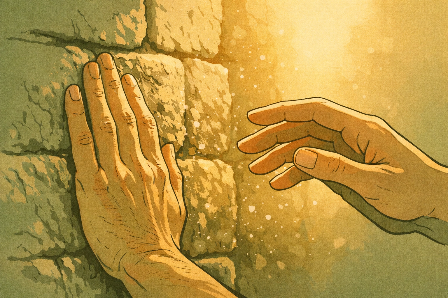 Two men's hands nearly touching ancient Mediterranean wall in sensory MM romance scene