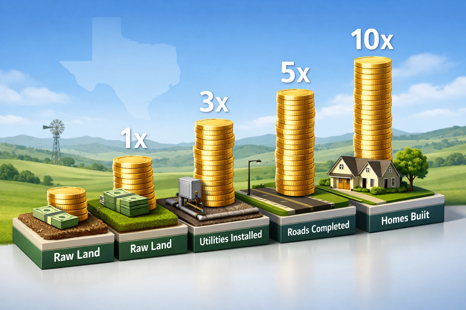 Land value growth chart showing increasing returns through Texas land development stages